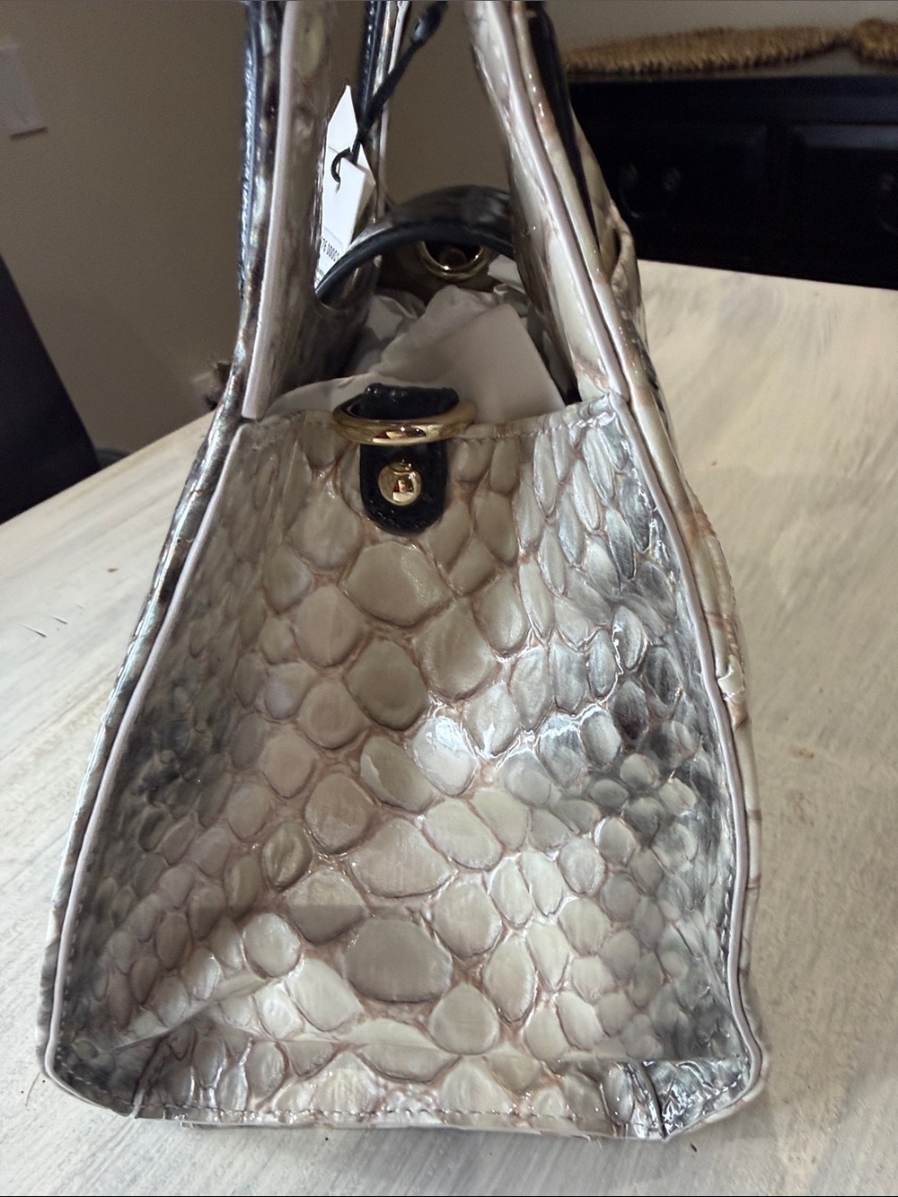Brahmin Adrian Black Rockway Ivory and Black Embossed Python-Print Satchel - Picture 5 of 14